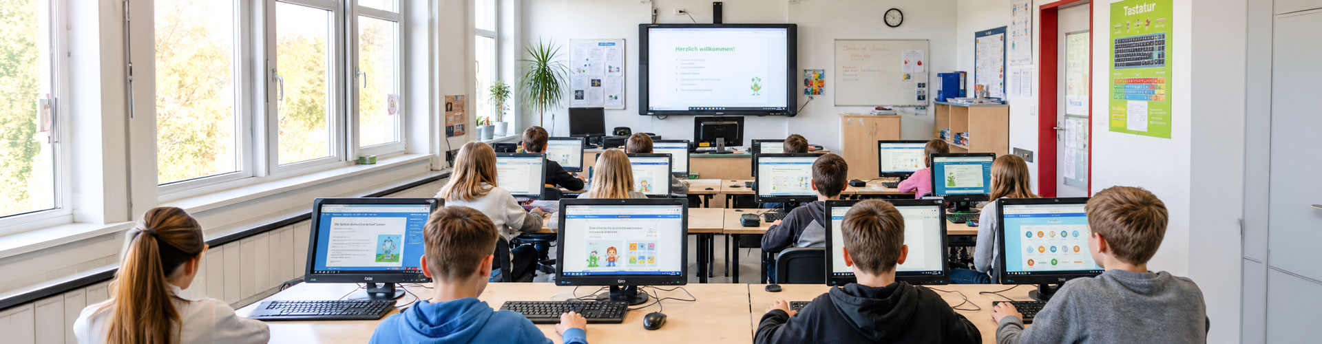 Laptop mit Schul-Netzwerkverwaltungssoftware auf einem Schultisch, im Hintergrund Schüler an der Tafel im Klassenzimmer